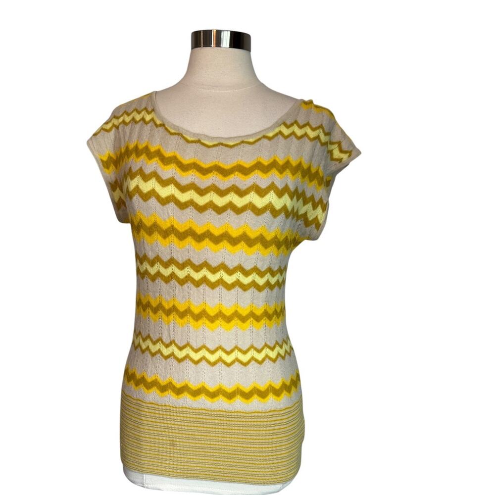 Free People Women’s Large Yellow Cream Chevron Knit Cap Sleeve Top